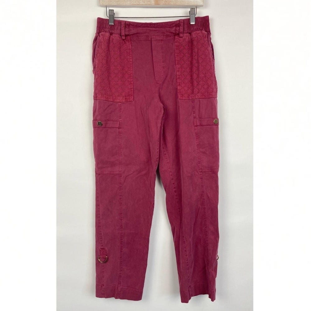 Soft Surroundings Womens Pants M Pink Burgundy Eyelet Crop Coastal Cargo Mira - Picture 2 of 10